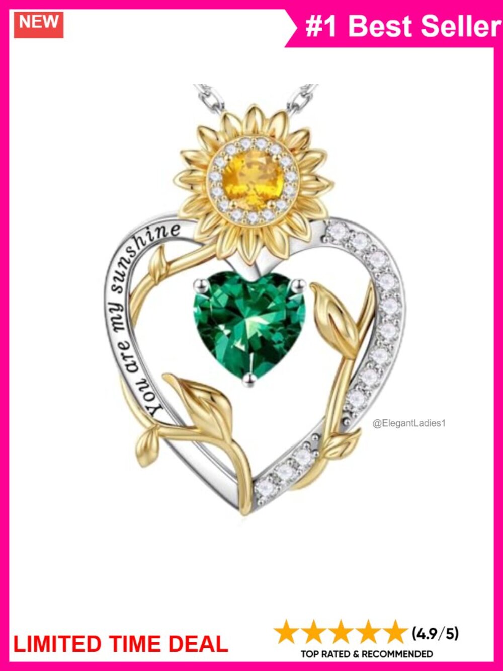925 Sterling Silver Sunflower Birthstone Pendant Necklace AAAAA+ CZ